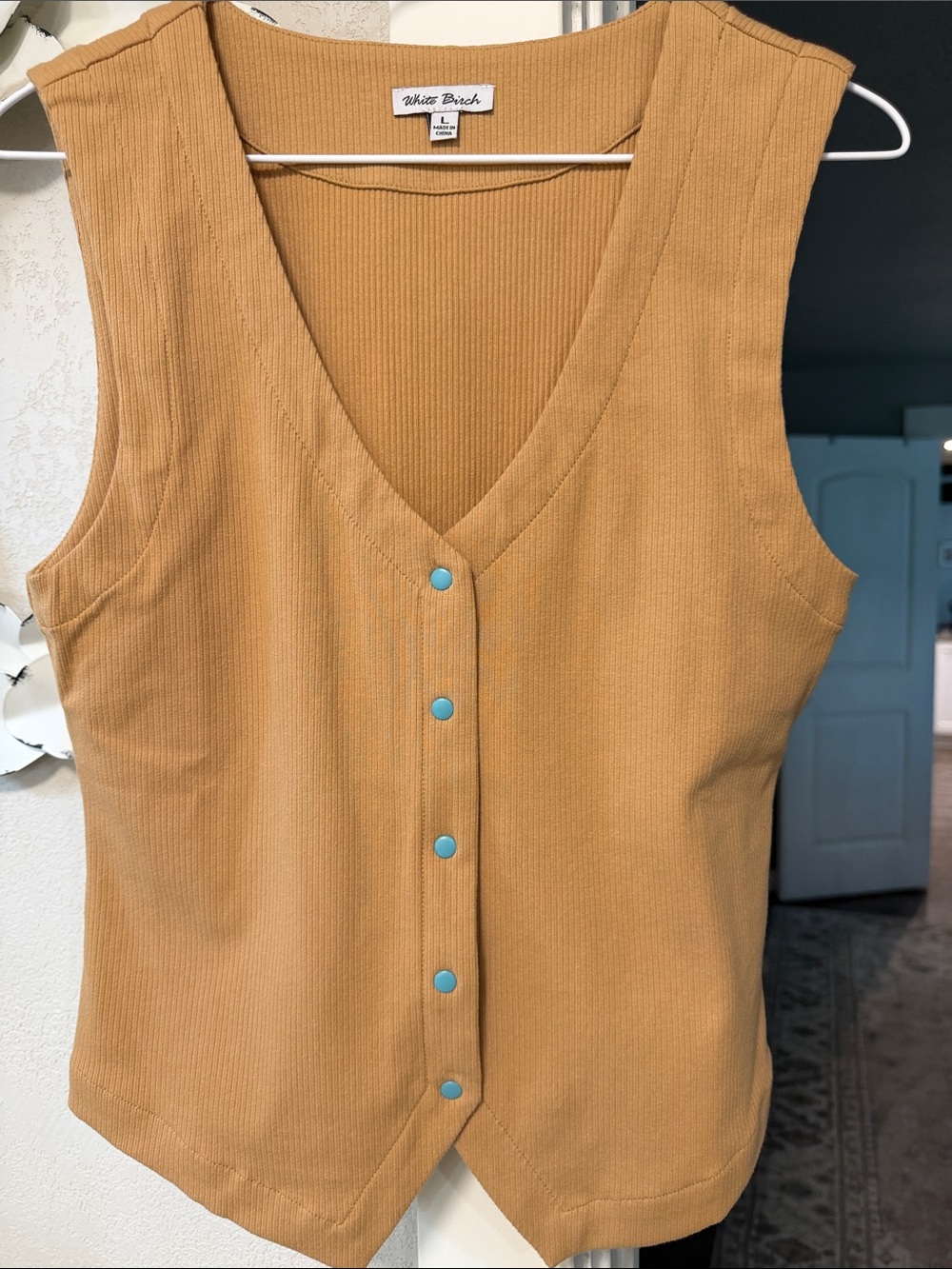 white birch Mustard Ribbed V-Neck Tank with Turquoise Buttons